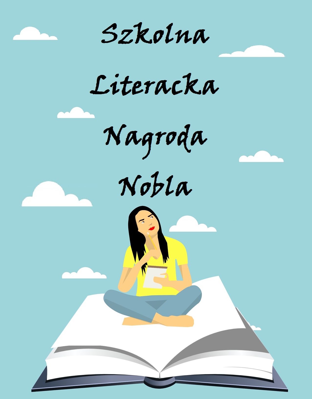 Szkolna literacka nagroda nobla - obrazek przedstawia siedzącą na otwartej książce dziewczynę, która w dłoniach trzyma papier i długopis.
