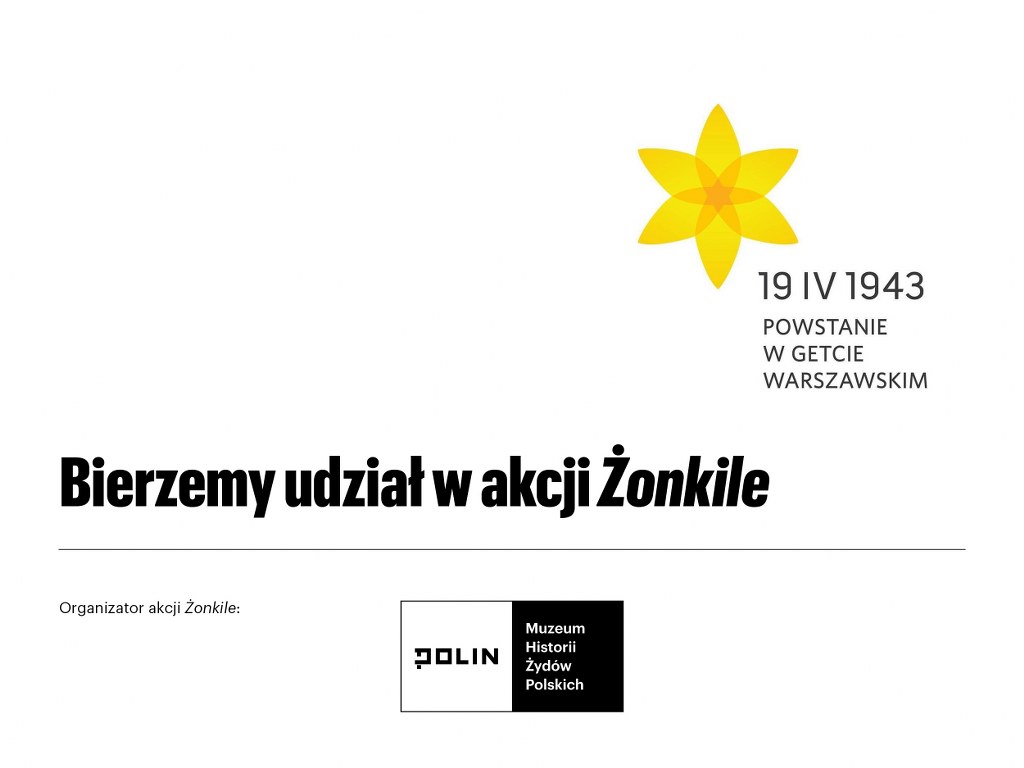 logo akcji Żonkile 2024 - Na dole napis "Bierzemy udział w akcji Żonkile", pod spodem logo Muzeum POLIN, w prawym górnym rogu żółty kwiat żonkilu