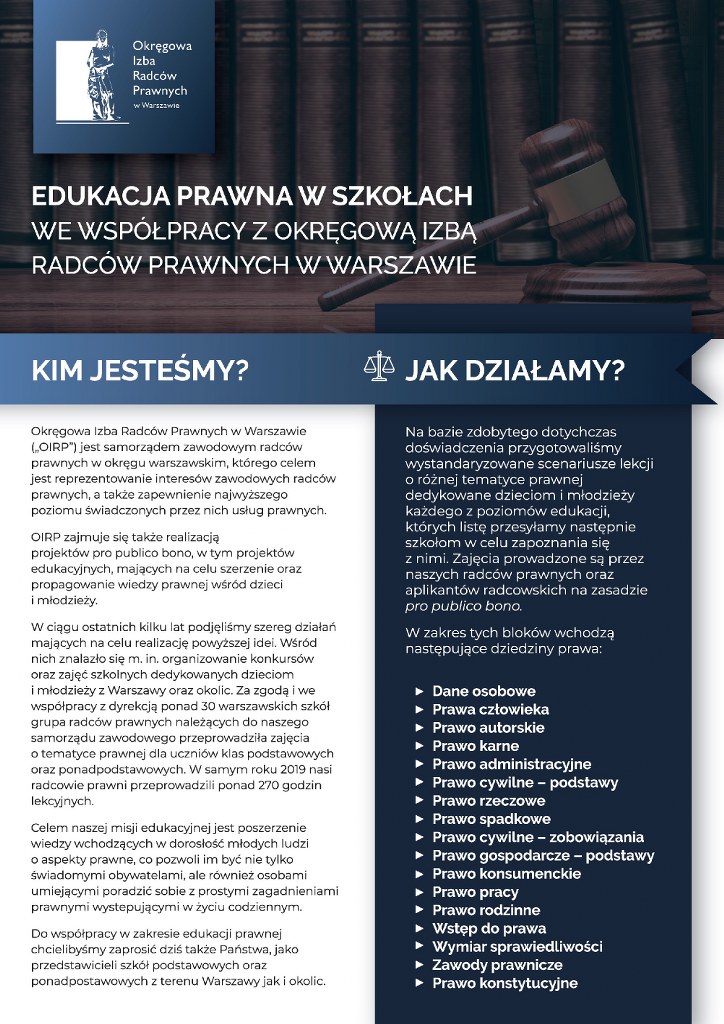 Okręgowa Izba Radców Prawnych - ulotka prezentująca działalność edukacyjną instytucji.
