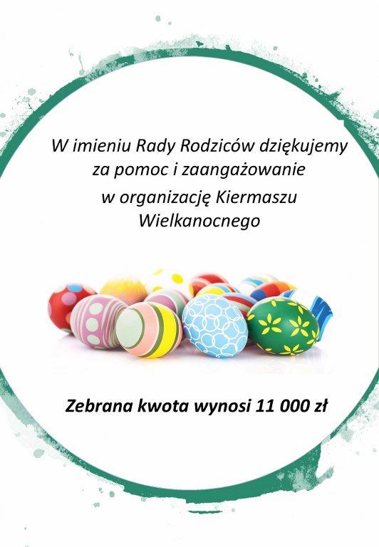 Plakat z podziękowaniami od Rady Rodziców skierowanymi do Rady Pedagogicznej za pracę i zaangażowanie w organizację kiermaszu.