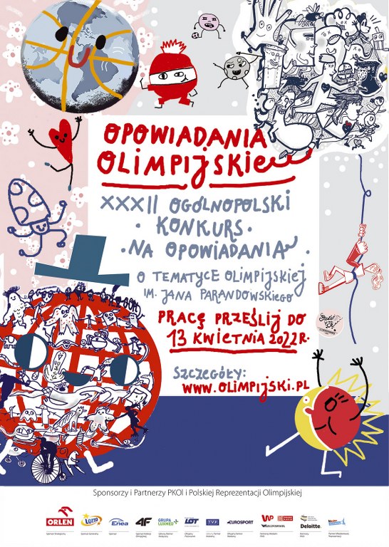 plakat z informacją o 32 ogólnopolskim konkursie na opowiadanie olimpijskie im. Jana Parandowskiego