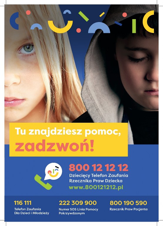 plakat w języku polskim informujący o telefonie zaufania  dla dzieci - 800121212 - akcja Rzecznika Praw Dziecka