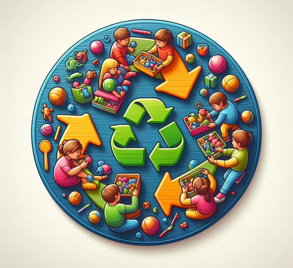 logo akcji to co moje, będzie twoje - koło recyklingu, w&nbsp;którym dziei wymieniają się zabawkami