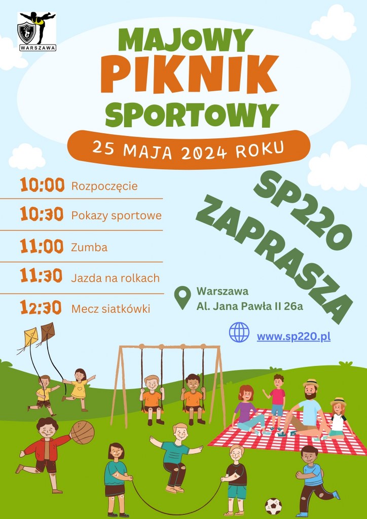 plakat majowego pikniku sportowego w roku 2024 - na obrazku dzieci podczas zabawy, rodzina siedząca na kocu, 