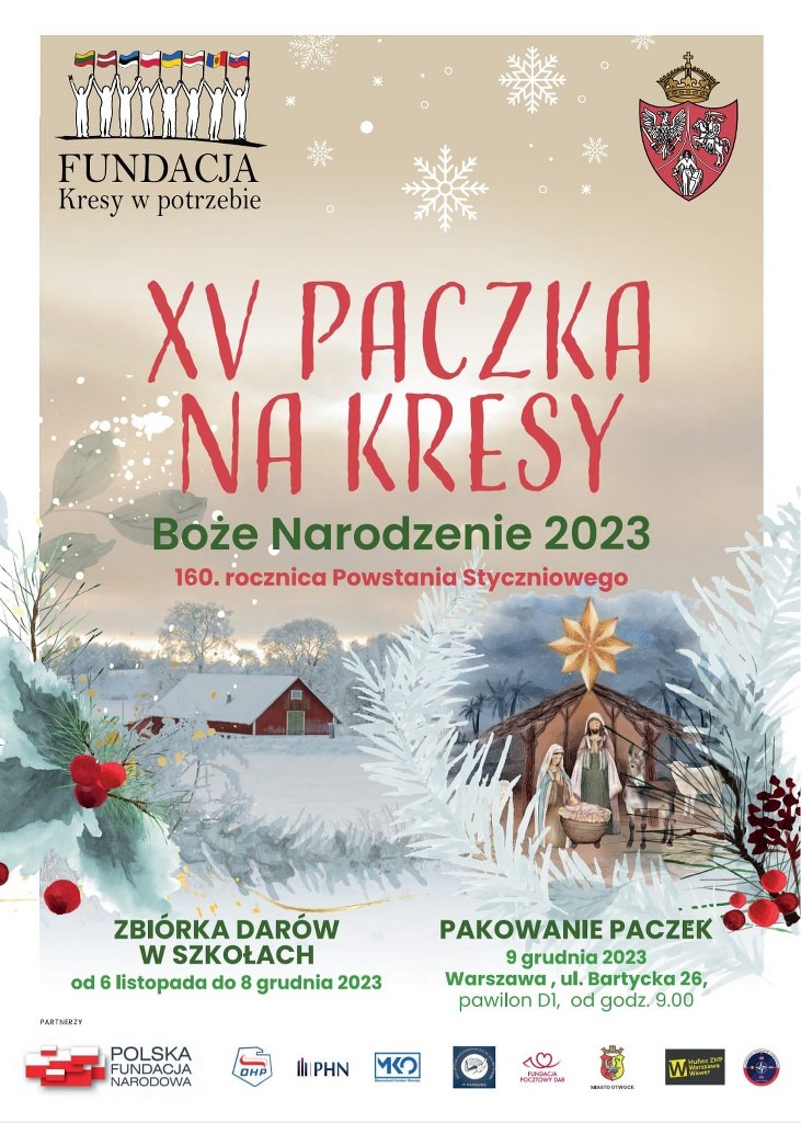 paczka na kresy - plakat informujący o 15 akcji Paczki na kresy - obrazek przedstawia zimowy wdok oraz na dole loga firm sponsorujących, wspierających akcję