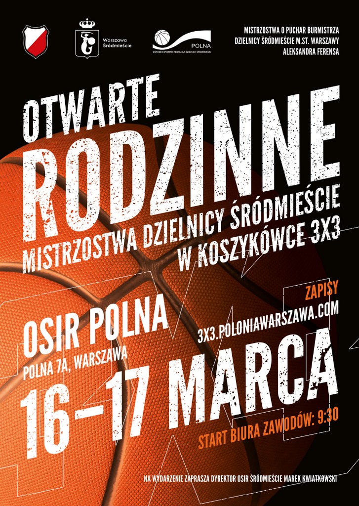 plakat turniej b1 - na brązowym tle pomarańczowa piłka do kosza; biały napis Otwarte Rodzinne Mistrzostwa Dzielnicy Śródmieście w Koszykówce 3x3 OSiR Polna (ul. Polna 7A, Warszawa)16 i 17 marca 2024 