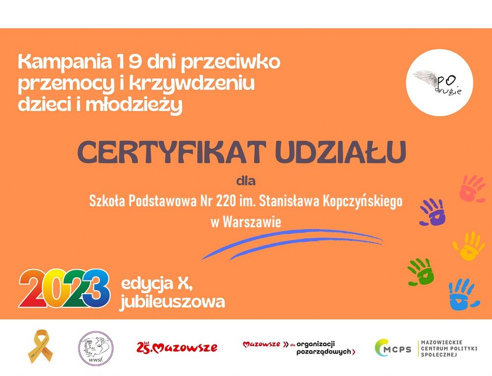 Certyfikat uczestnictwa w Kampanii 19 dni bez przemocy - rok 2023